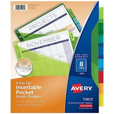 Image of Avery Dividers for 3 Ring Binders, 8 Tab Binder Dividers, Plastic with Pockets, Insertable Big Tabs, Multicolor, Works Sheet Protectors, 1 Set (11903)
