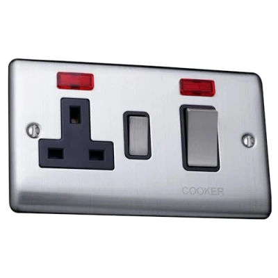 Image of Caradok 45A switch+neon+13Aswitched socket+neon Brushed Chrome, Metal Switch, Grey Insert