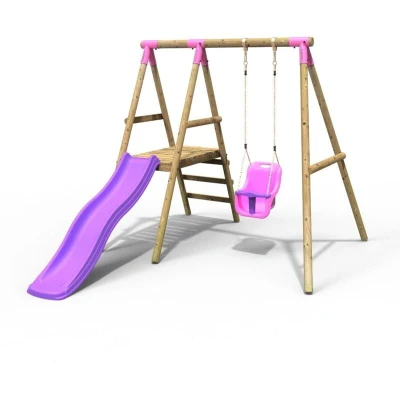 Image of Rebo® Cassini Wooden Swing Set with Platform and Slide Pink OutdoorToys Baby Seat, Sturdy Construction, Pressure Treated Timber