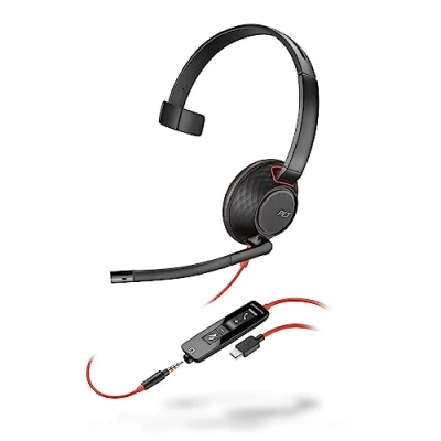 Image of Poly Blackwire 5210 Wired Headset (Plantronics) Flexible Noise Canceling Boom Mic Single Ear Design Connect to PC/Mac, Mobile via USB C, A, or 3.5 mm Works w/Teams, Zoom