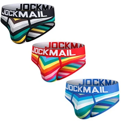 Image of JOCKMAIL 3PCS/PACK Men Briefs Underwear Cotton Mens Rainbow Stripe Comfortable Underpants (Medium, Black+Red+Blue)