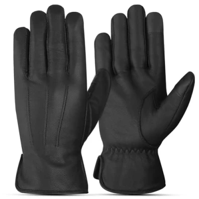 Image of The AMA LOOK Genuine Winter Leather Driving Gloves for Men, Fleece Lined Mens Gloves, Touch Screen Compatible (Black, L)