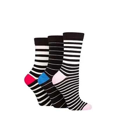 Image of Women&#039;s 3 Pair SOCKSHOP Wildfeet Patterned Bamboo Socks Stripe Black 4 8 Ladies