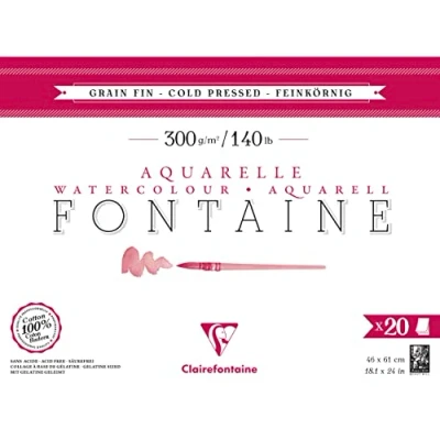 Image of Clairefontaine 975504C Pad Glued 4 Sides Fontaine 20 Sheets White Watercolor Paper 100% Cotton Fine Grain Professional Quality 46x61 cm 300g