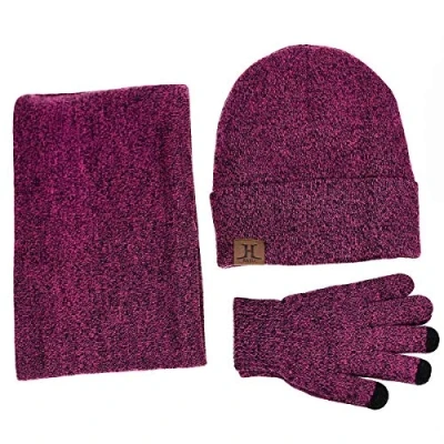 Image of Winter Warm Beanie Hat + Scarf Touch Screen Gloves, Unisex Thermal Knitted Neck Glove for Men Women (Hot Pink)
