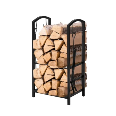 Image of 2 Tiers Firewood Rack with 4 Tools, Shelf Holder Fireplace Log Rack,SDA01 SCH Sobuy