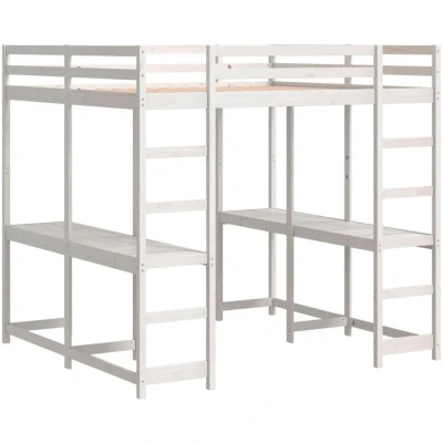 Image of vidaXL Loft Bed with Desk and Ladder Solid Pine Wood 140x200 cm White Mid Sleeper Safety Guardrails