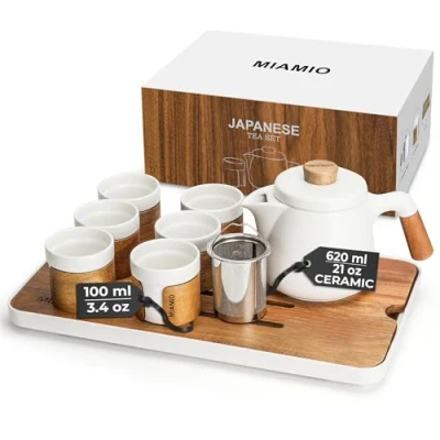 Image of MIAMIO Japanese/Chinese Tea Set 6 x 100 ml/Asian Pot 620 ml with Infuser, Traditional Japanese Cups for Lovers/Men/Women (White)