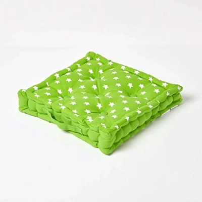 Image of HOMESCAPES Star Green 100% Cotton Large Floor Cushion White 50 x 10 cm Square Indoor Garden Dining Chair Booster Seat Pad Cushion.