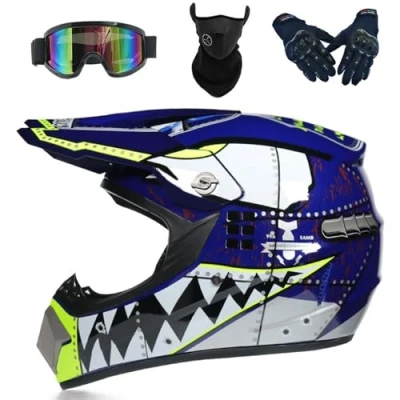Image of Motocross Motorcycle Cross Helmet with Gloves Mask Goggles, Youth Kids Dirt Bike Helmets, Off Road Crash Protective Gear(Blue,M(54 55cm))