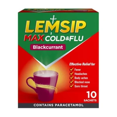 Image of Lemsip Max Cold and Flu relief Blackcurrant flavour 10 sachets