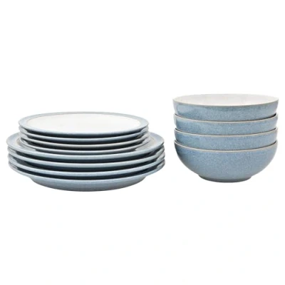 Image of Denby Elements Blue Dinner Set For 4 12 Piece Ceramic Tableware Dishwasher Microwave Safe Crockery x Plates, Medium Cereal Bowls