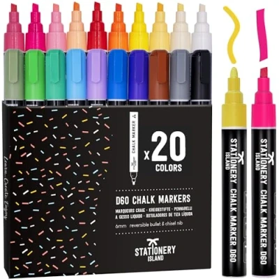 Image of STATIONERY ISLAND Chalk Pens for Blackboards, 6mm Reversible Nib, Pack of 20 Markers, Chalkboard Window and Glass, Wipeable Liquid Washable
