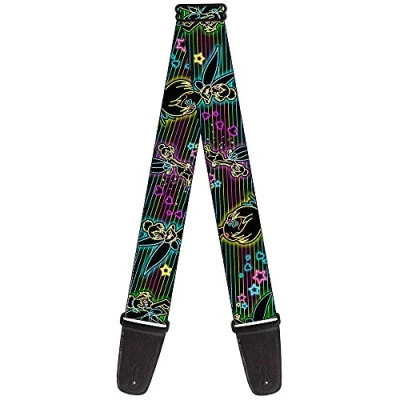 Image of Buckle Down Guitar Strap Electric Tinkerbell Poses/Stripes Black/Multi Neon 2&quot; Wide 29 54&quot; Length