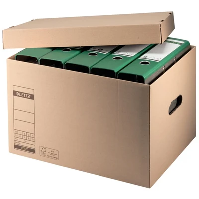 Image of Leitz Premium Archive and Transport Box, Box for 4 Wide or 7 Narrow A4 Folders More, with Lid, Foldable Cardboard Packaging, 100% Recyclable, Pack of 10, Brown, 60810000