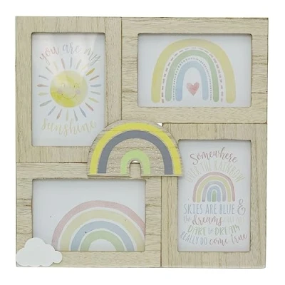 Image of Wooden Rainbow 4 Aperture Keepsake Baby Photo Frame Children&#039;s Wall Mounted Multiple Picture Hanging Room Nursery Decor 6x4