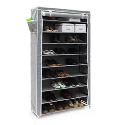 Image of Relaxdays VALENTIN Shoe Rack Storage Unit, 161 x 88 30 cm, with Fabric Cover, 10 Shelves Zipper, 45 Pairs of Shoes, Grey