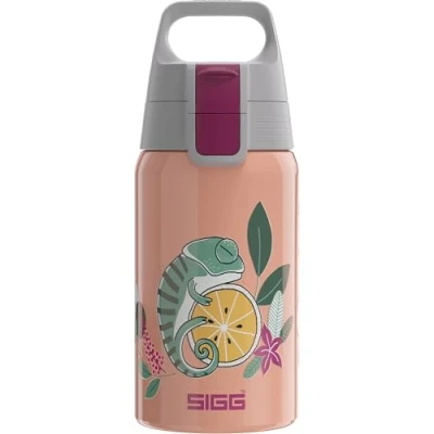 Image of SIGG Stainless Steel Kids Water Bottle Shield One Flora Suitable For Carbonated Beverages Leakproof Lightweight BPA Free Pink With Chameleon 0.5L