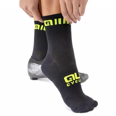 Image of Alé Cycling Unisex Logo Q Skin 12cm Socks, Black/Fluo Yellow, Large (EU 44 47)