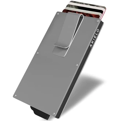 Image of AKIELO RFID Blocking Card Holder with Money Clip and Gift Box Slim Minimalist Metal Blocker Wallet for Men Contactless Credit Protector (Alpha Silver Edition)