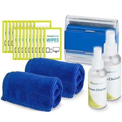 Image of GreatShield Screen Cleaning Kit with 2 Bottle Solution (60ml and 120ml), Microfiber Cloths, 20 Non Alcohol Wipes, Brush for Laptops, PC monitors, Smartphones, Tablets, TVs