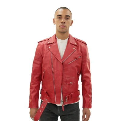 Image of Men&#039;s Leather Red Brando Biker Jacket Rock Motorcycle Retro Hide S