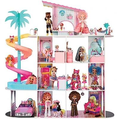 Image of L.O.L. Surprise OMG Fashion House Playset with 85+ Surprises Real Wood Doll Pool, Spiral Slide, Rooftop Patio, Cinema, Transforming Furniture, and more Great for Kids Ages 4+