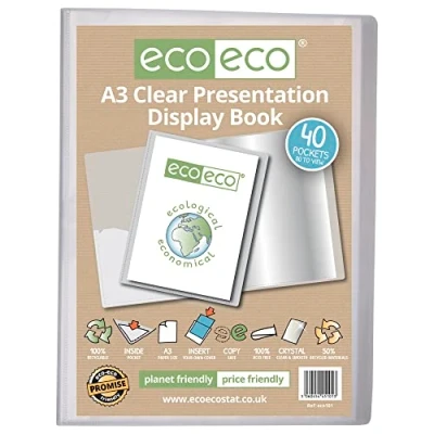 Image of eco A3 Size 50% Recycled 40 Pocket Clear Presentation Display Book, Storage Case Portfolio Art Folder with Plastic Sleeves, eco101