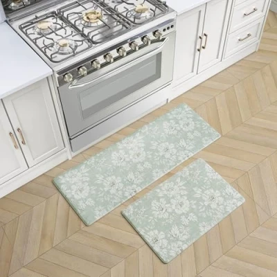 Image of Laura Ashley Anti Fatigue Kitchen Mat, Iris Floral Design, Stain, Water &amp; Fade Resistant, Cooking Standing Relief, Non Slip Backing, 2 Piece Set, Sage Green