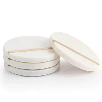 Image of EHC Round Marble Coasters Set of 4 with Gold Inlay, Non Slip for Drinks, Coffee Pads Beer Bar Mat, White