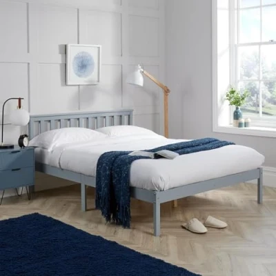 Image of Home Source Florida Solid Wood Low End Bed Frame, Natural Wood, Grey, 4ft 6in Double