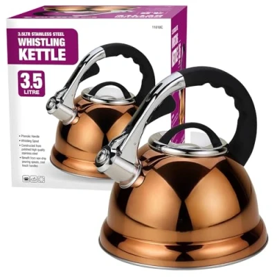 Image of 3.5l Gold Whistling Kettle Stainless Steel Gas Electric Hob Kitchen Phenolic Handle, Non Drip Spout, 3.5 litres Capacity Indoor &amp; Outdoor Suitable for Fishing, Hiking, Camping