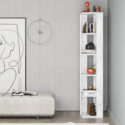 Image of HOCUS PICUS Hocuspicus 5 Tier Corner Bookcase with Many Colour Options 161x34x34cm Living Room Furniture Easy to Assemble Book Storage Display Unit (White Marble Effect)