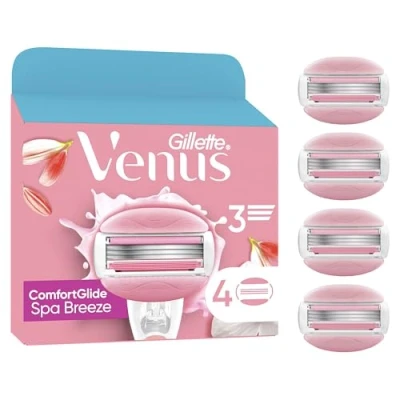 Image of Gillette Venus ComfortGlide Spa Breeze Razor Blades Women, pack of 4 Blade Refills, Lubrastrip with A Touch Botanical Oils, 2 Flexible Gel Bars For Comfortable Shave