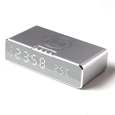 Image of ERNZI Alarm Clock With Wireless Charging Dock,3 Alarms Led Temperature Display,For Bedroom Office Travel,Compatible Iphone, Galaxy, Samsung, Android,Silver