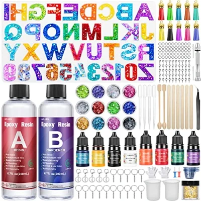 Image of AOLLEN Epoxy Resin Kits for Beginners, 186 Pcs Letter Number Silicone Moulds Keyring Making Kit, 400ml Crystal Clear Accessories with Pigment, Glitter Sequin, Gold Leaf, Keychain Tassels