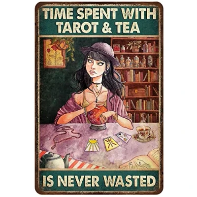 Image of Metal Tin Sign Tarot Lover Reading Time Spent with and Tea is Never Wasted Funny Fashion Garage Wall Plaque Poster for Home Decor 6x8 inch