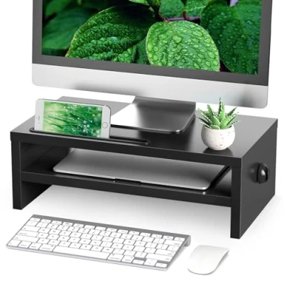 Image of RFIVER Wood Monitor Stand Riser Desk with Smart Phone Holder Computer Cable Management Shelf for Laptop, iMac, PC, 2 Tiers TV Black