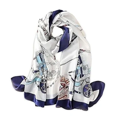 Image of LumiSyne Silk Scarves For Women Retro Art Painting Pattern Soft Natural Long Shawl Warm Wrap Sunscreen All Season