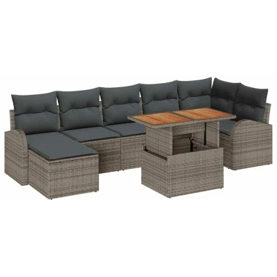 Image of vidaXL 8 Piece Garden Dining Set with Cushions Grey Poly Rattan Acacia