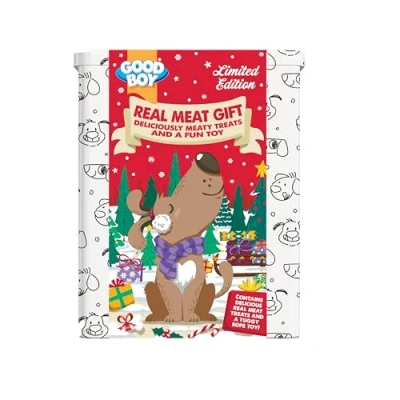 Image of Good Boy Festive Gift set Real Meat Tin (Delicious Meaty Treats and a Fun toy) 165g (Limited Edition)