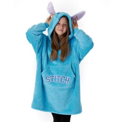 Image of Disney Lilo &amp; Stitch Girls Wearable Blanket in Blue Kids Character Snuggle Fleece Hoodie Warm Cosy Loungewear Heavyweight Hooded Pullover Animation Movie Merchandise Gift for Children