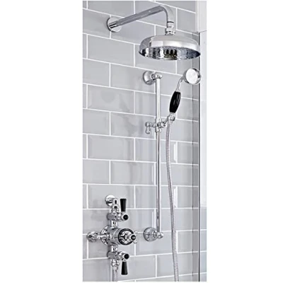 Image of Milano Elizabeth Traditional Exposed Triple Thermostatic Mixer Shower Valve with 200mm Round Rainfall Head and Riser Rail Slide Bar Kit Chrome Black