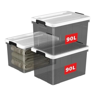 Image of Cetomo 90L*3 Storage Boxes, Plastic Box with Lids, Organizing Container Secure Latching Buckles, Stackable, Nestable, Large Bin for Home Clothes, 90L 3Pack, Clear Black