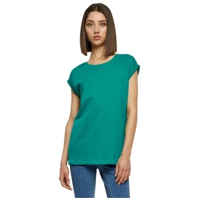 Image of Urban Classics Women&#039;s Ladies Extended Shoulder Tee Basic Capsleeves, Shortsleeve T Shirt Top with Crew Neck, Fresh Green, S