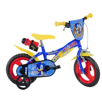 Image of Dino Bikes, 612L SC Kids Bike Bicycle, Sonic The Hedgehog, 12 inch with training wheel stabilisers and drinks bottle, suits child 3 5 Years, Blue, Yellow, Red
