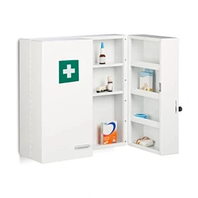 Image of Relaxdays Medicine Cabinet, Lockable, 11 Compartments, Steel, HxWxD: 53 x 21.5 cm, Double Door, First Aid, White, 100%