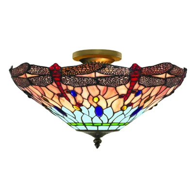 Image of Dragonfly 3 Light Semi Flush Ceiling Antique Brass, Tiffany Glass, Red, Blue, E14