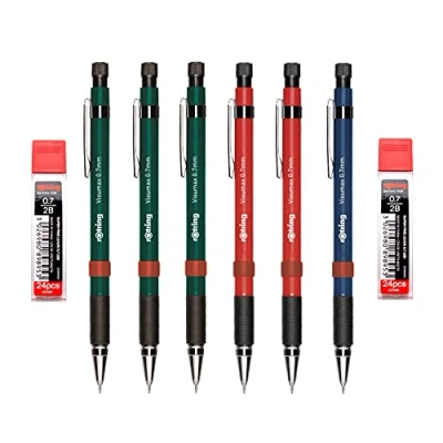 Image of Rotring Visumax Mechanical Pencils 0.7mm Pack of 6 + 48 Super Polymer Lead Refills Twist Out Eraser Rubber Grip Refillable Assorted Barrel Colours