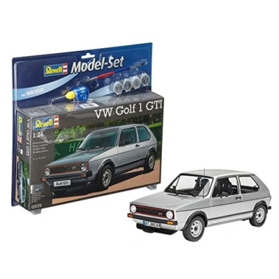 Image of Revell Model Set 67072 VW Golf 1 GTI 1:24 Scale Unbuilt/Unpainted Plastic Kit with Contacta Professional Glue, Paintbrush &amp; Selected Aqua Color Paints